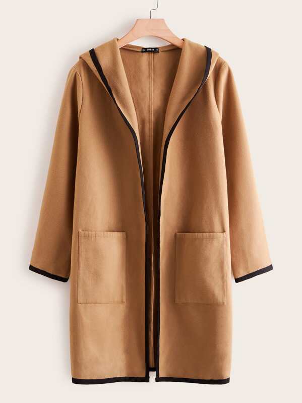 

Plus Pocket Front Contrast Binding Hooded Coat, Camel, Faith Bowman