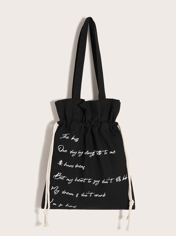 

Letter Graphic Drawstring Book Bag, Black