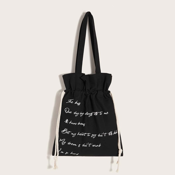 

Letter Graphic Drawstring Book Bag, Black