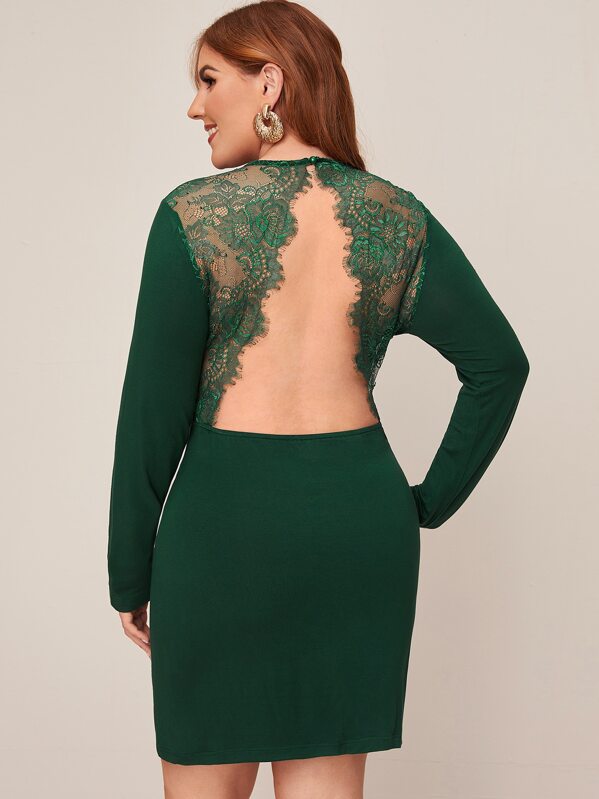 

Plus Lace Panel Open Back Dress, Green, Mafe