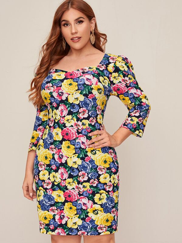 

Plus Sweetheart Neck Floral Print Dress, Multicolor, Mafe