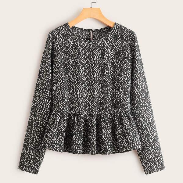 

Dalmatian Print Keyhole Back Smock Top, Black and white