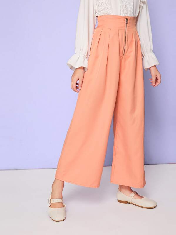 

Girls Zipper Fly Fold Pleated Palazzo Pants, Pink, Sashab