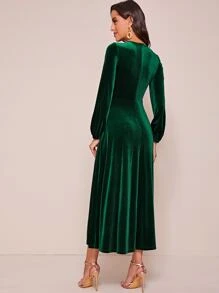 Modelyn 燈籠袖後拉鏈素色天鵝絨連衣裙 - 墨綠色 - 查看 2