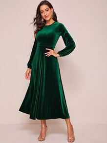 Modelyn 燈籠袖後拉鏈素色天鵝絨連衣裙 - 墨綠色 - 查看 3