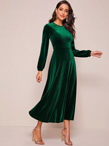 Modelyn 燈籠袖後拉鏈素色天鵝絨連衣裙 - 墨綠色 - 查看 4