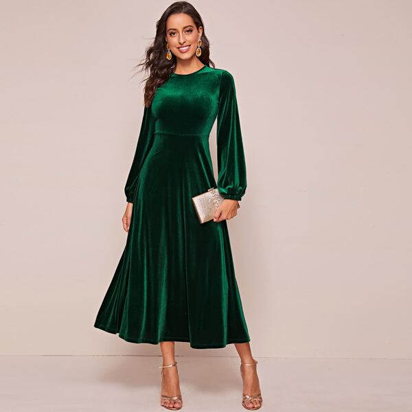 

Lantern Sleeve Zip Back Solid Velvet Dress, Dark green