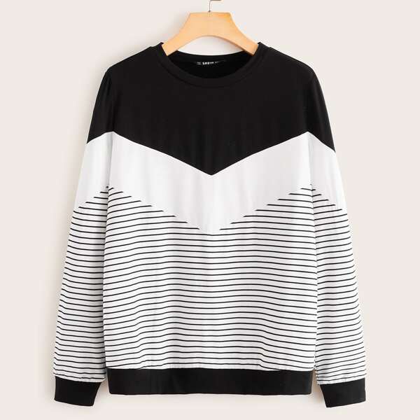 

Striped Print Colorblock Pullover, Black and white