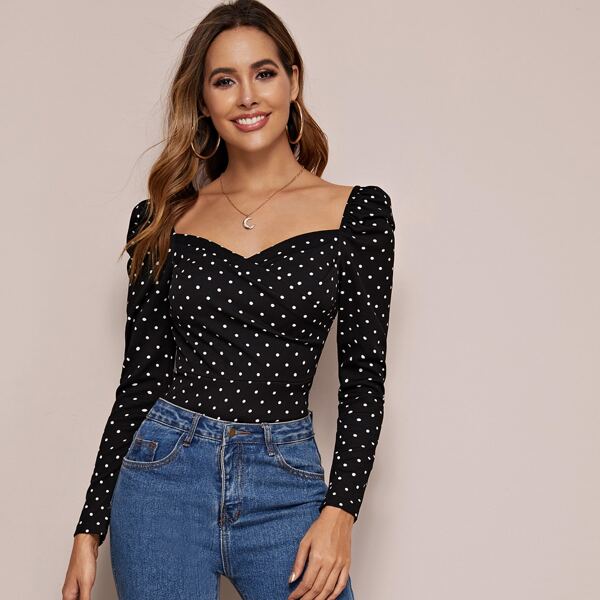 

Sweetheart Neck Gigot Sleeve Polka-dot Top, Black