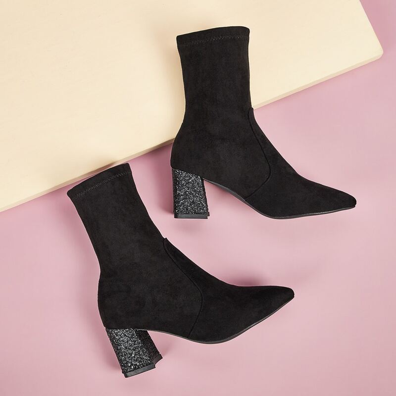 

Solid Glitter Heeled Suede Boots, Black