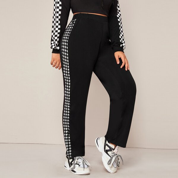 

Plus Side Houndstooth Print Elastic Waist Pants, Black