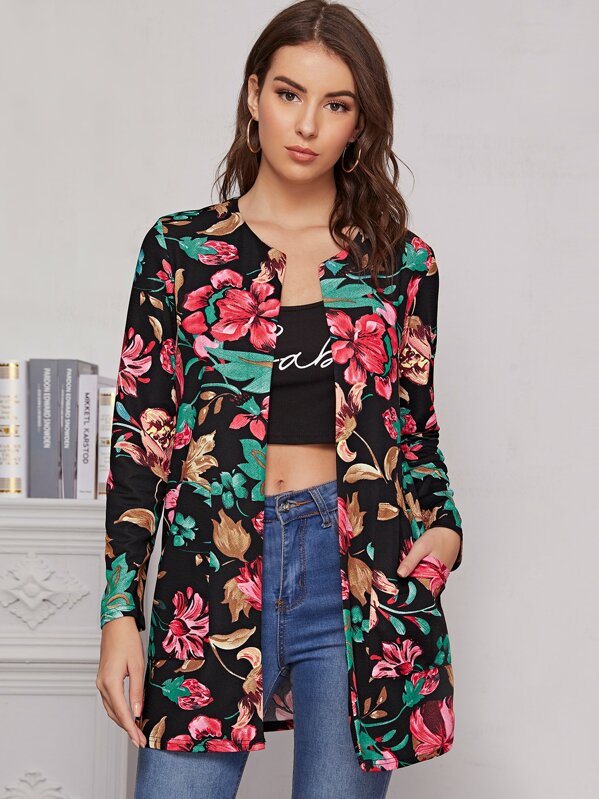 

Open Front Patch Pocket Floral Print Coat, Multicolor, MARTINA