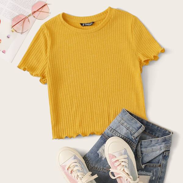 

Ribbed Lettuce-Edge Cropped Tee, Mustard yellow