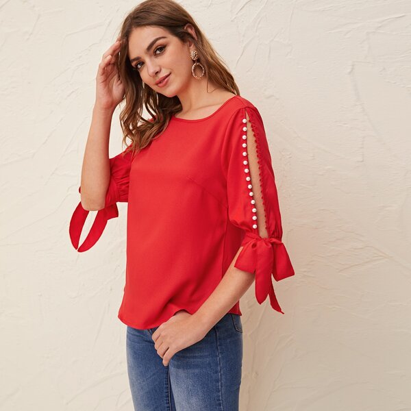 

Pearl Beaded Knot Split Sleeve Top, Red bright