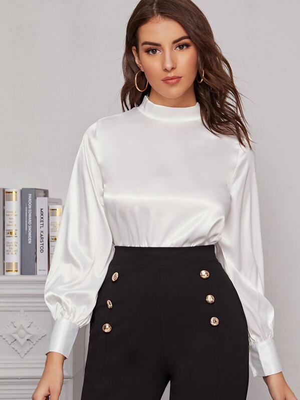 

Mock-neck Lantern Sleeve Satin Top, White, MARTINA