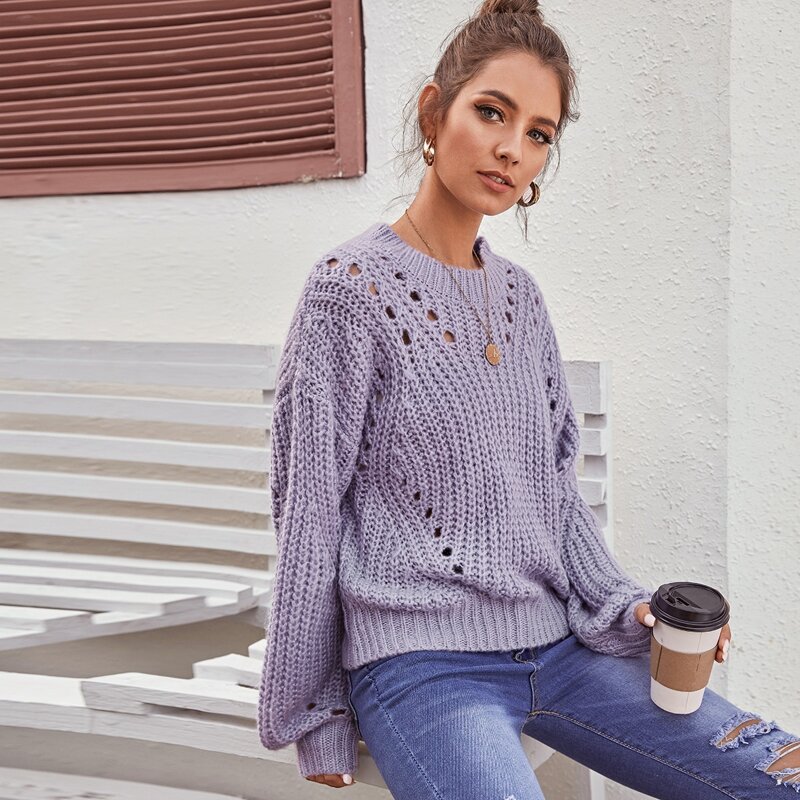 

Drop Shoulder Pointelle Knit Chunky Sweater, Purple pastel