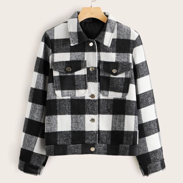 

Plaid Flap Pocket Tweed Jacket, Black and white