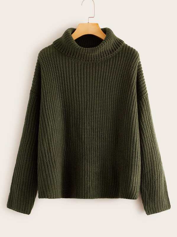 

Rolled Neck Drop Shoulder Sweater, Army green