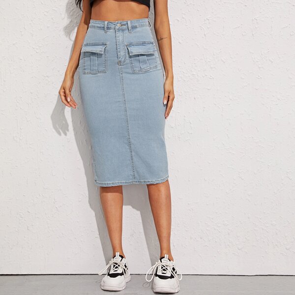 

Light Wash Flap Pocket Pencil Denim Skirt, Blue pastel