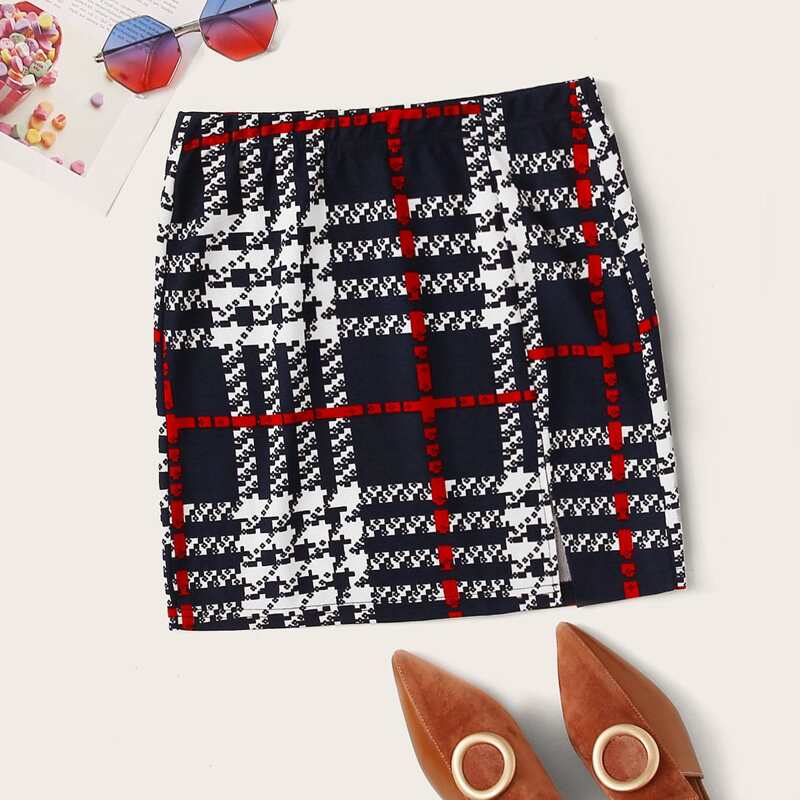 

Split Hem Plaid Skirt, Multicolor