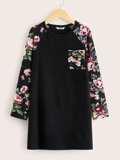 Girls Floral Print Pocket Front Raglan Sleeve Dress