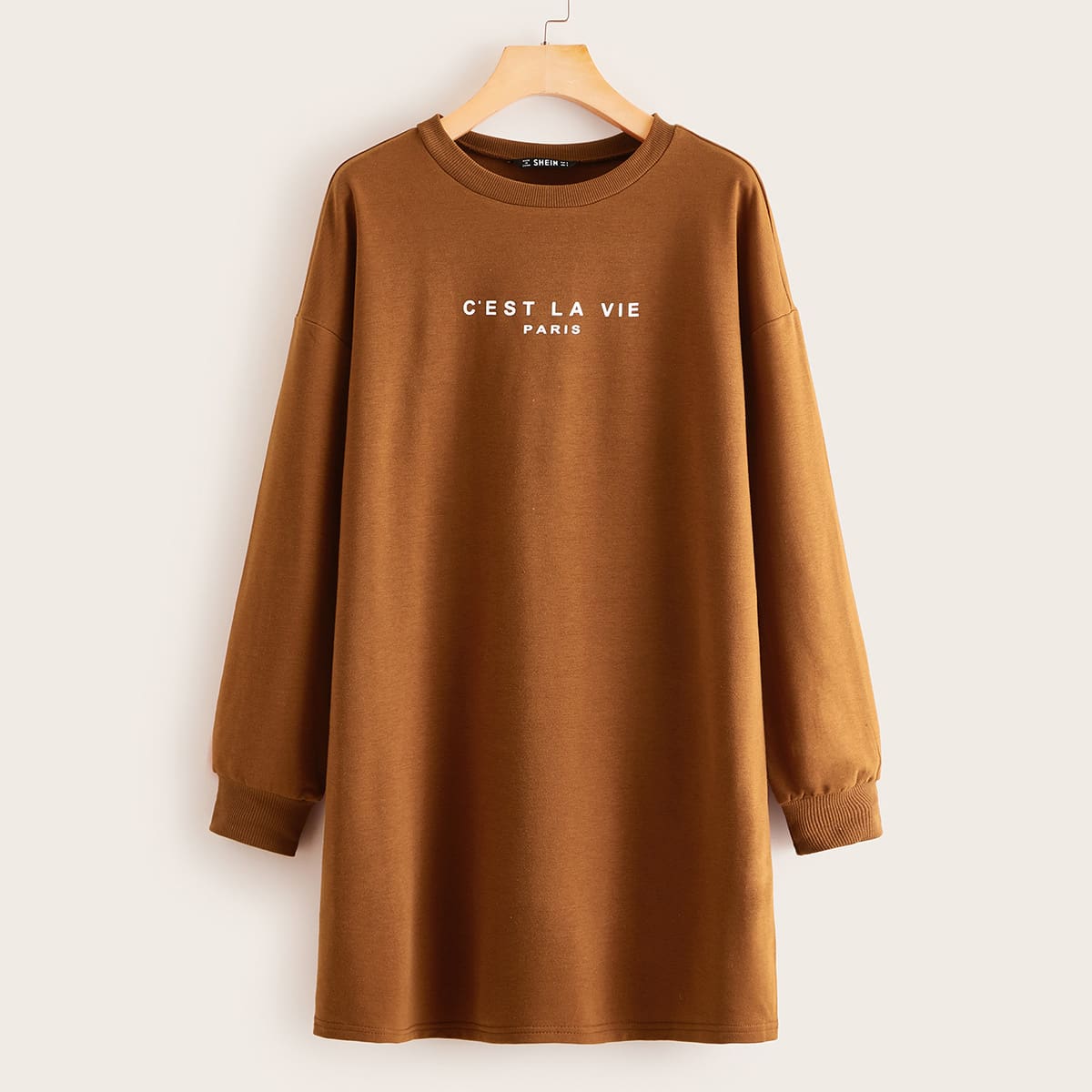 

Slogan Graphic Drop Shoulder Sweatshirt Dress, Brown