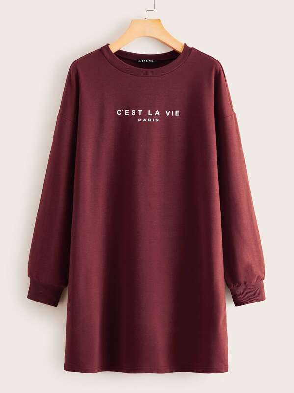 

Drop Shoulder Slogan Graphic Sweatshirt Dress, Burgundy