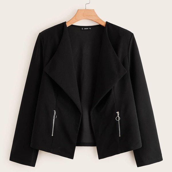 

Plus Drape Collar Non-functional Zip Pocket Jacket, Black