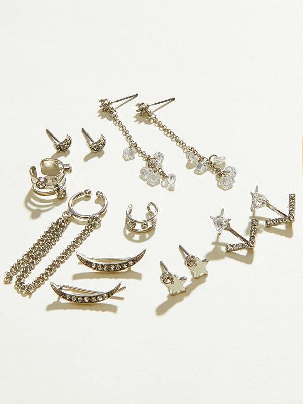 

13pairs Rhinestone Engraved & Chain Decor Earrings, Multicolor