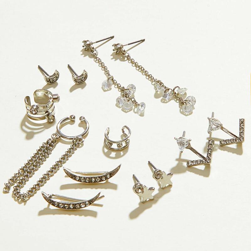 

13pcs Rhinestone Engraved & Chain Decor Earrings, Multicolor
