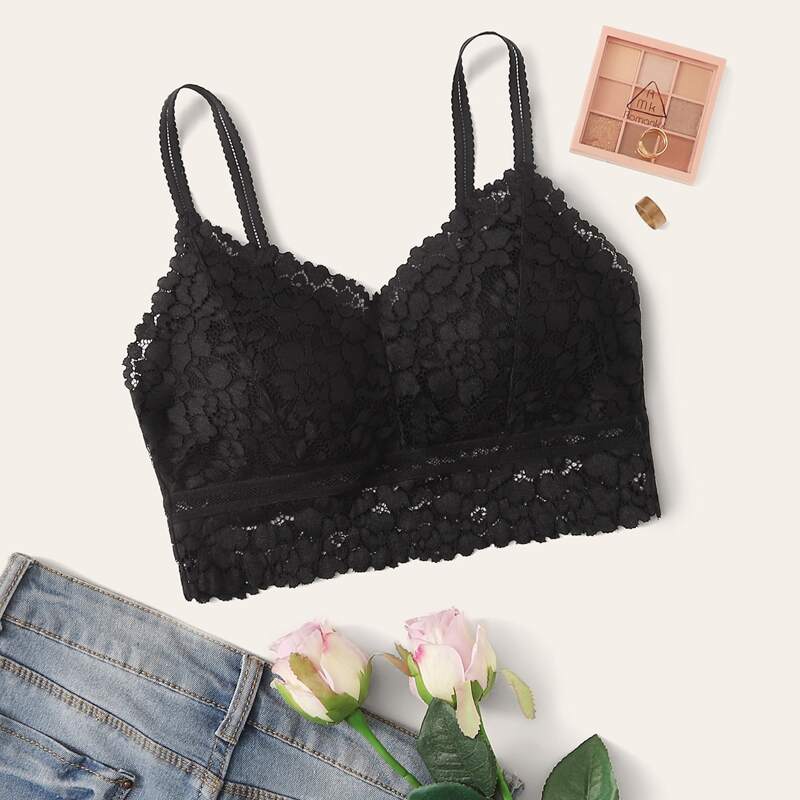 

Floral Lace Adjustable Strap Bralette, Black