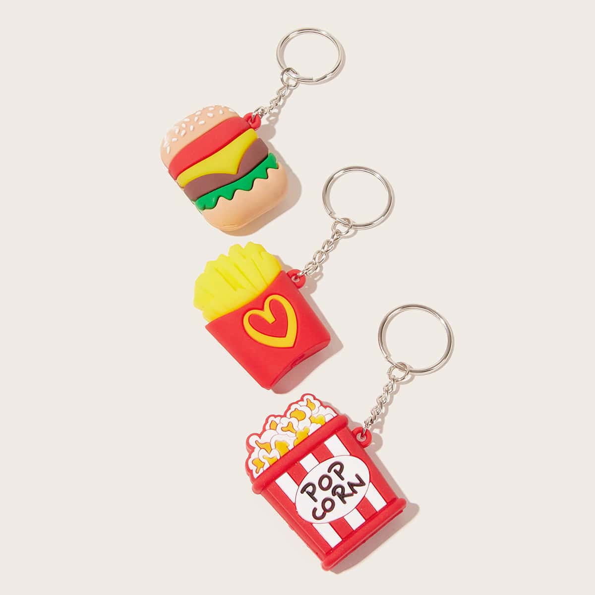 

3pcs Hamburger & Popcorn Charm Keychain, Multicolor