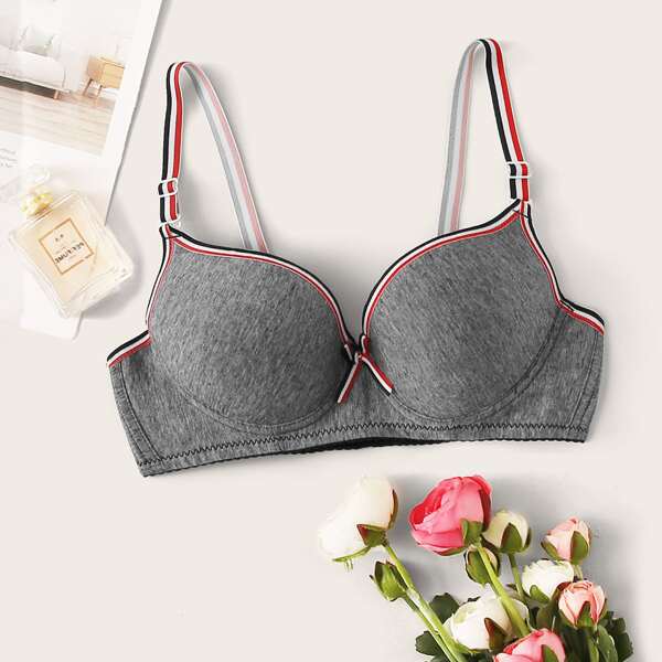

Striped Trim Underwire Bra, Grey
