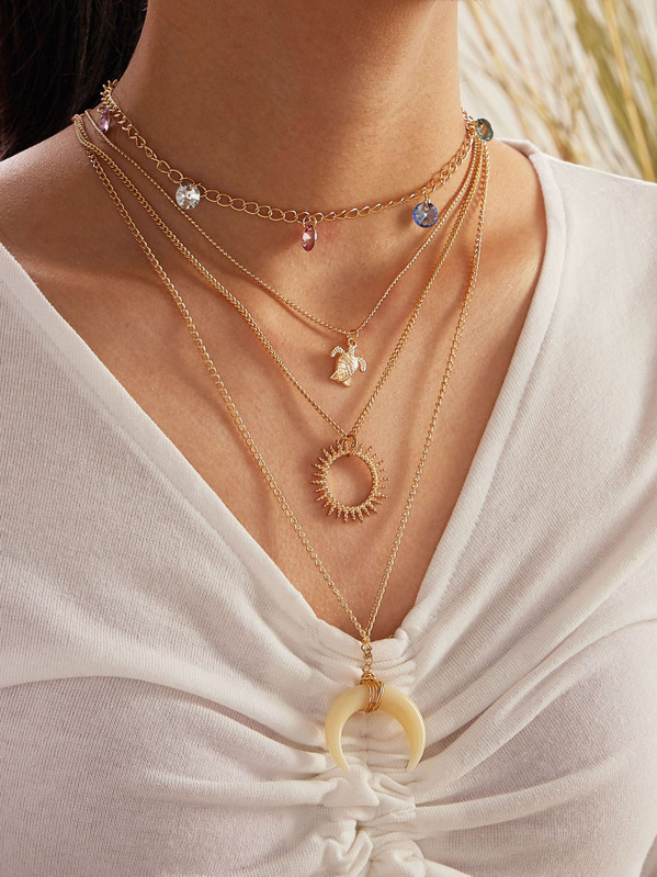 

1pc Moon & Turtle Pendant Multi Layered Necklace, Gold