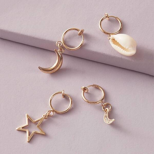 

4pcs Star & Moon Charm Ear Cuff, Gold