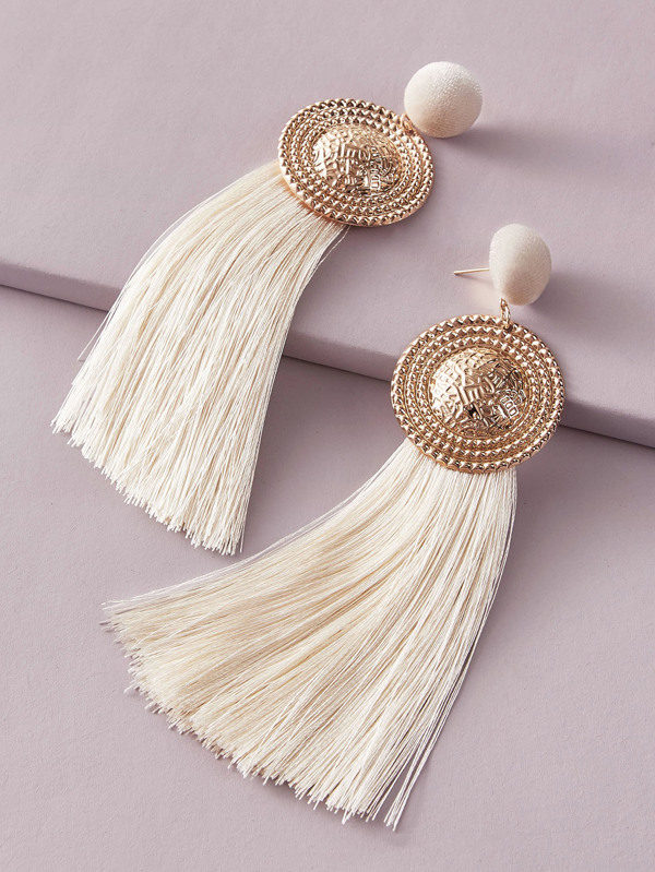 1pair Round Decor Tassel Drop Earrings