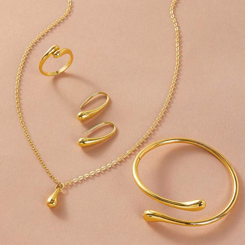 

5pcs Waterdrop Charm Necklace & Earrings & Ring & Bracelet, Gold