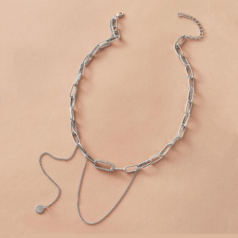 

1pc Rhinestone Engraved Chain Necklace, Silver