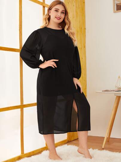 Plus Split Front Long Sleeve Night Dress