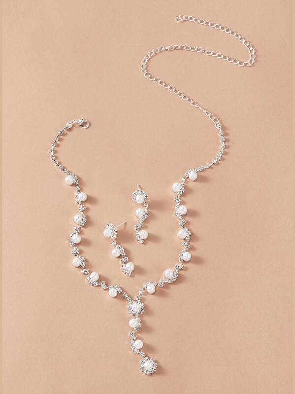 

3pcs Faux Pearl Decor Rhinestone Engraved Lariat Necklace & Earrings