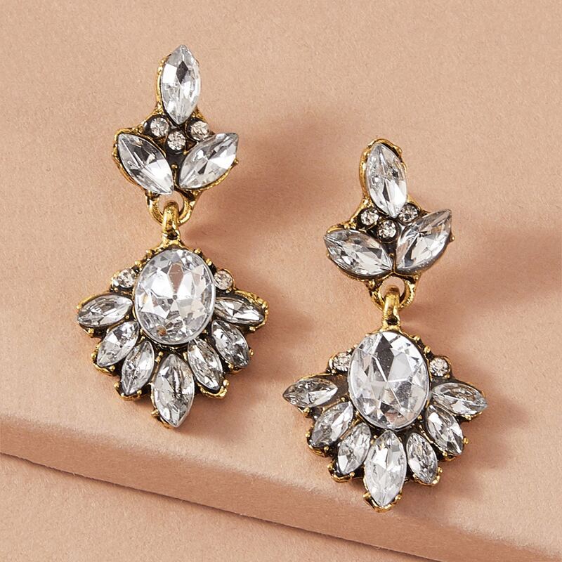 

1pair Rhinestone Engraved Flower Drop Earrings, Silver