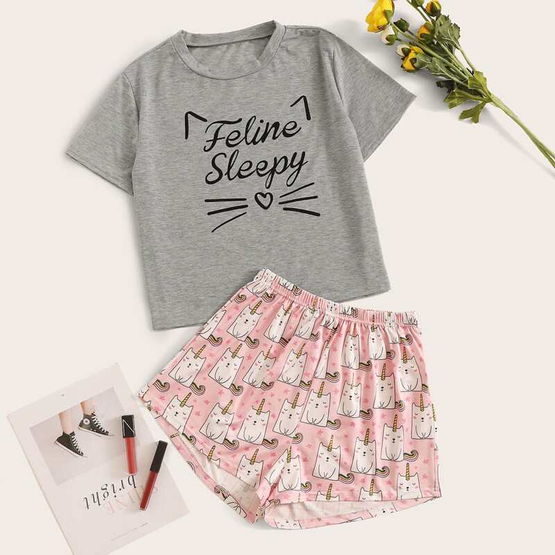 

Letter & Cartoon Cat Print PJ Set, Multicolor