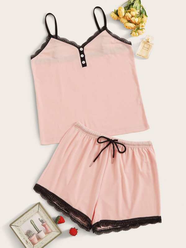 

Lace Trim Cami PJ Set, Pink