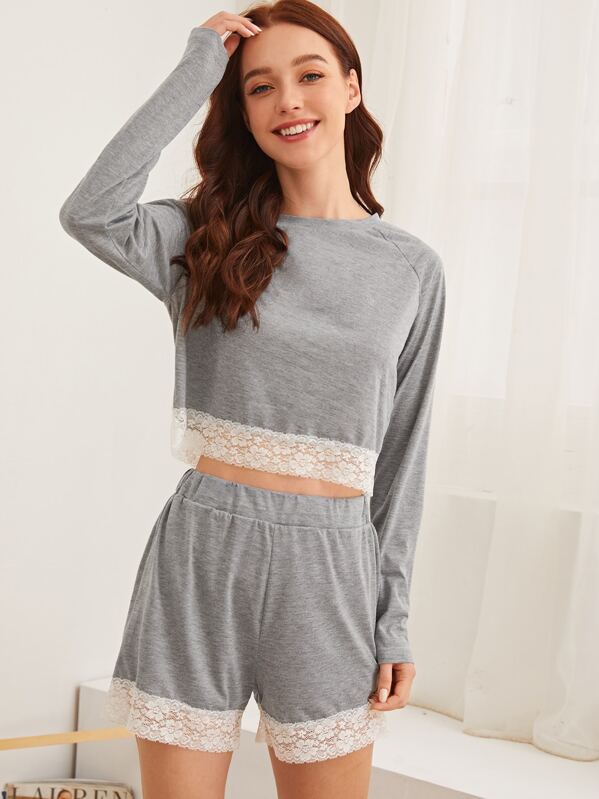 

Lace Trim Long Sleeve PJ Set, Grey, Poly