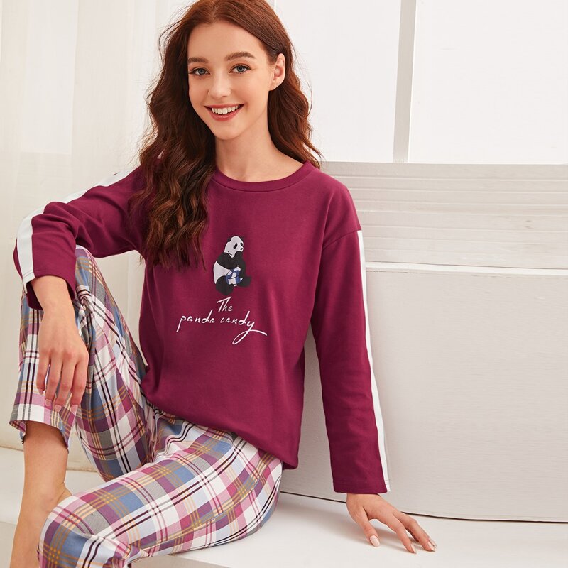 

Panda & Tartan Print PJ Set, Multicolor