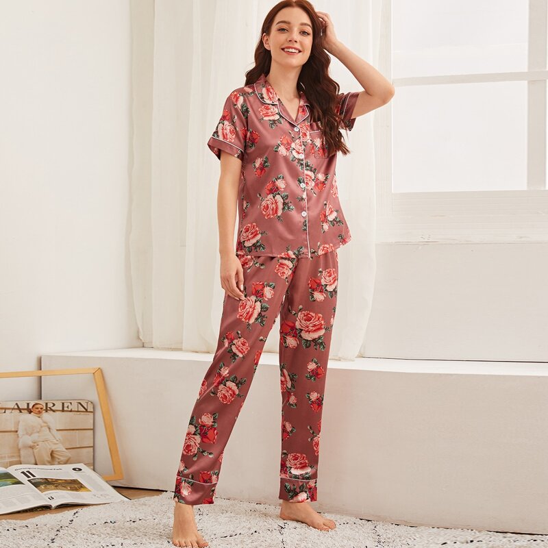 

Floral Print Button-up Satin PJ Set, Pink