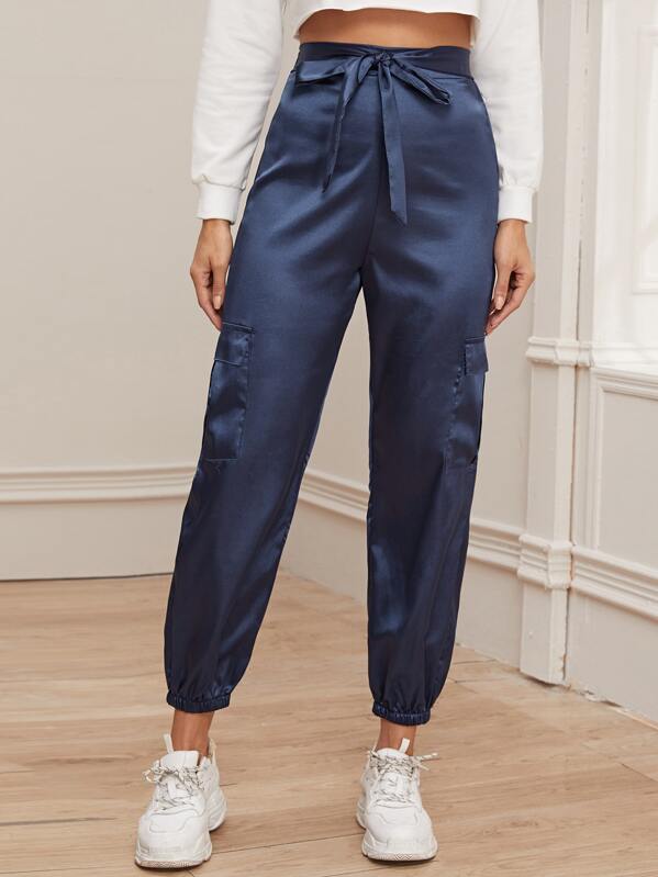 

Belted Satin Cargo Pants, Navy, Juliana