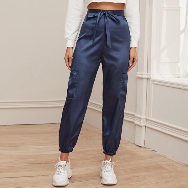 

Belted Satin Cargo Pants, Navy blue