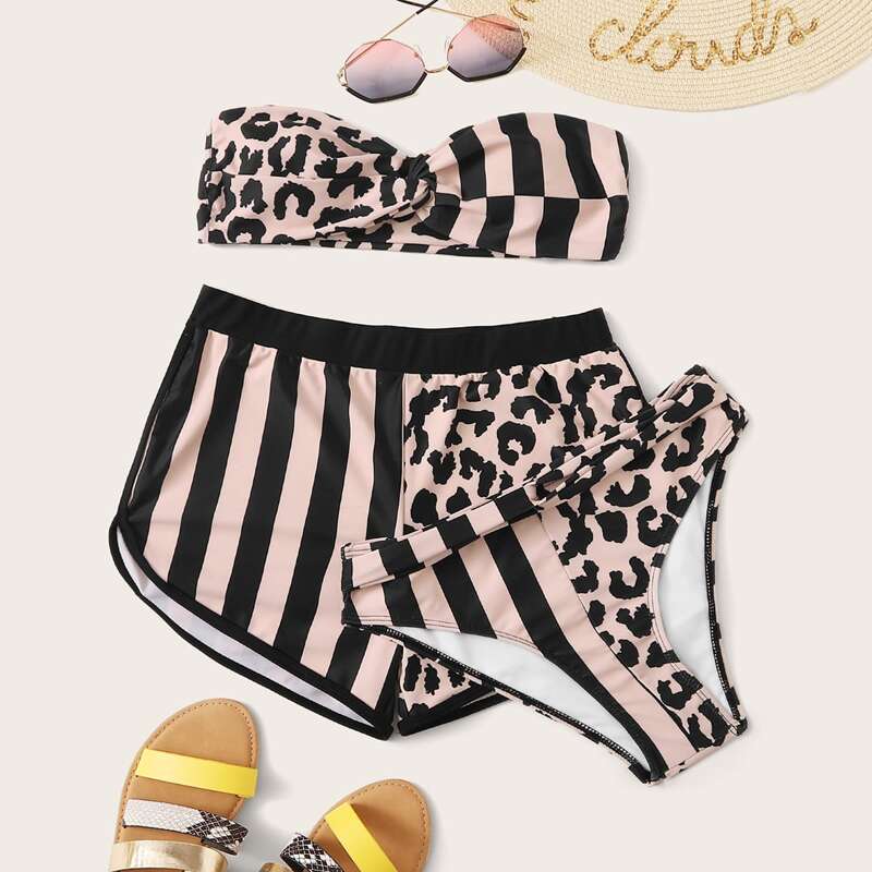 

3pack Leopard & Striped Bandeau Co-ord Bikini Set, Multicolor