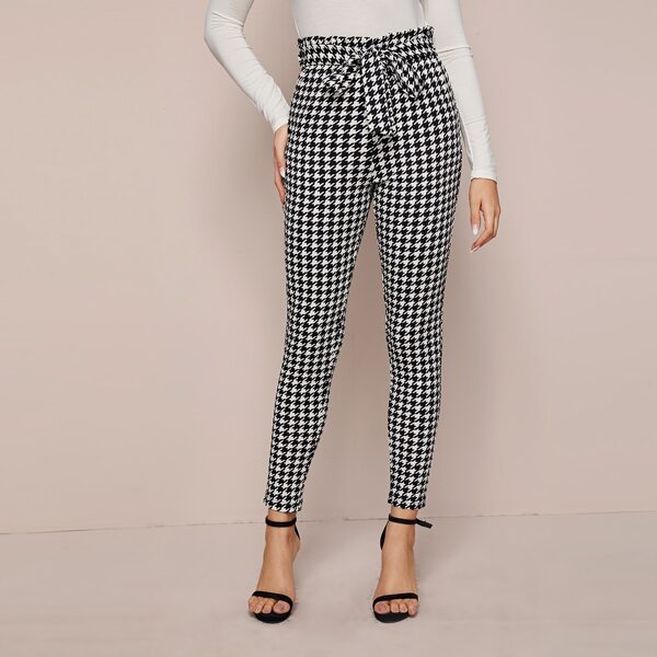 

Self Tie Houndstooth Skinny Pants, Black and white